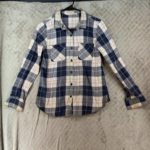 Vanilla Star Womens S Flannel Shirt Blue Plaid Long Sleeve Button Front Western - Picture 1 of 16